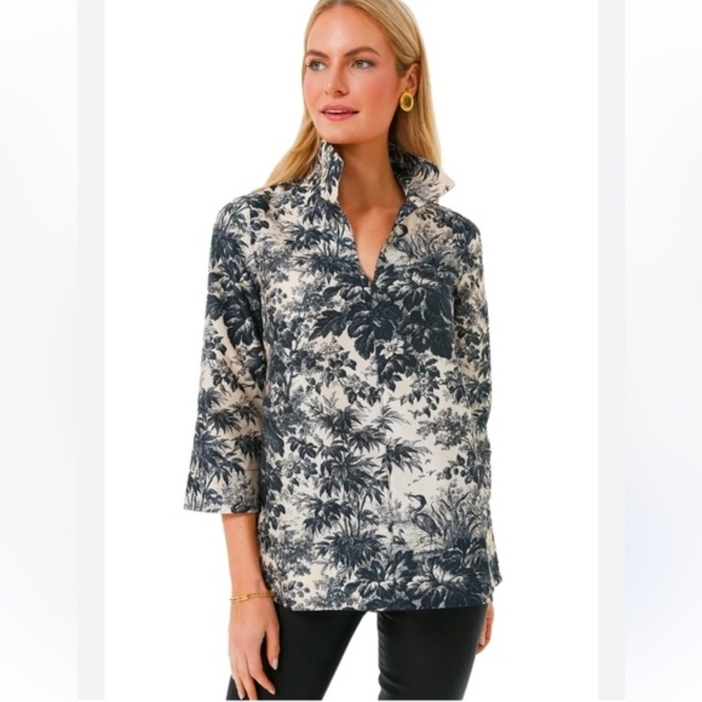 Tuckernuck Noir Cypress Toile Margot Heron Print Tunic V-Neck 3/4 Sleeve Top XS